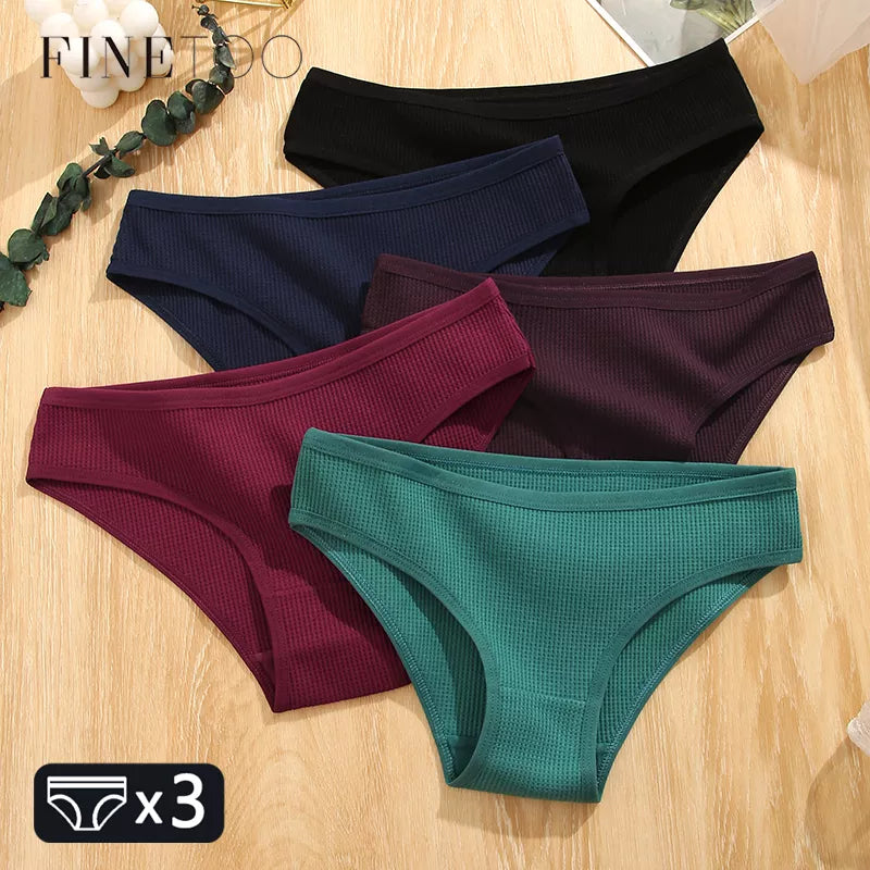 FINETOO 3Pcs/set Women Waffle Cotton Panties S-XL